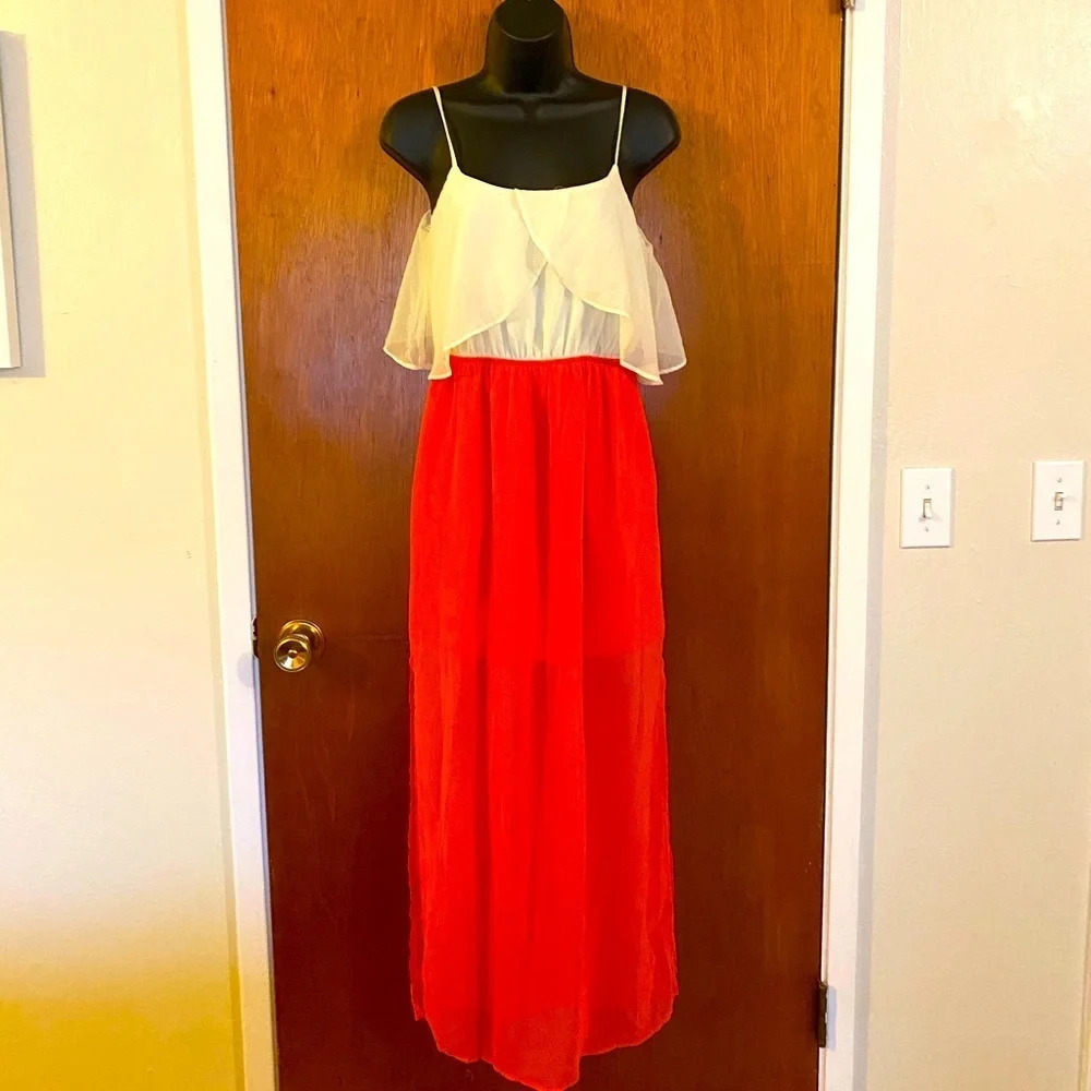 Freebird Coral and Cream Sheer Long Straped Dress